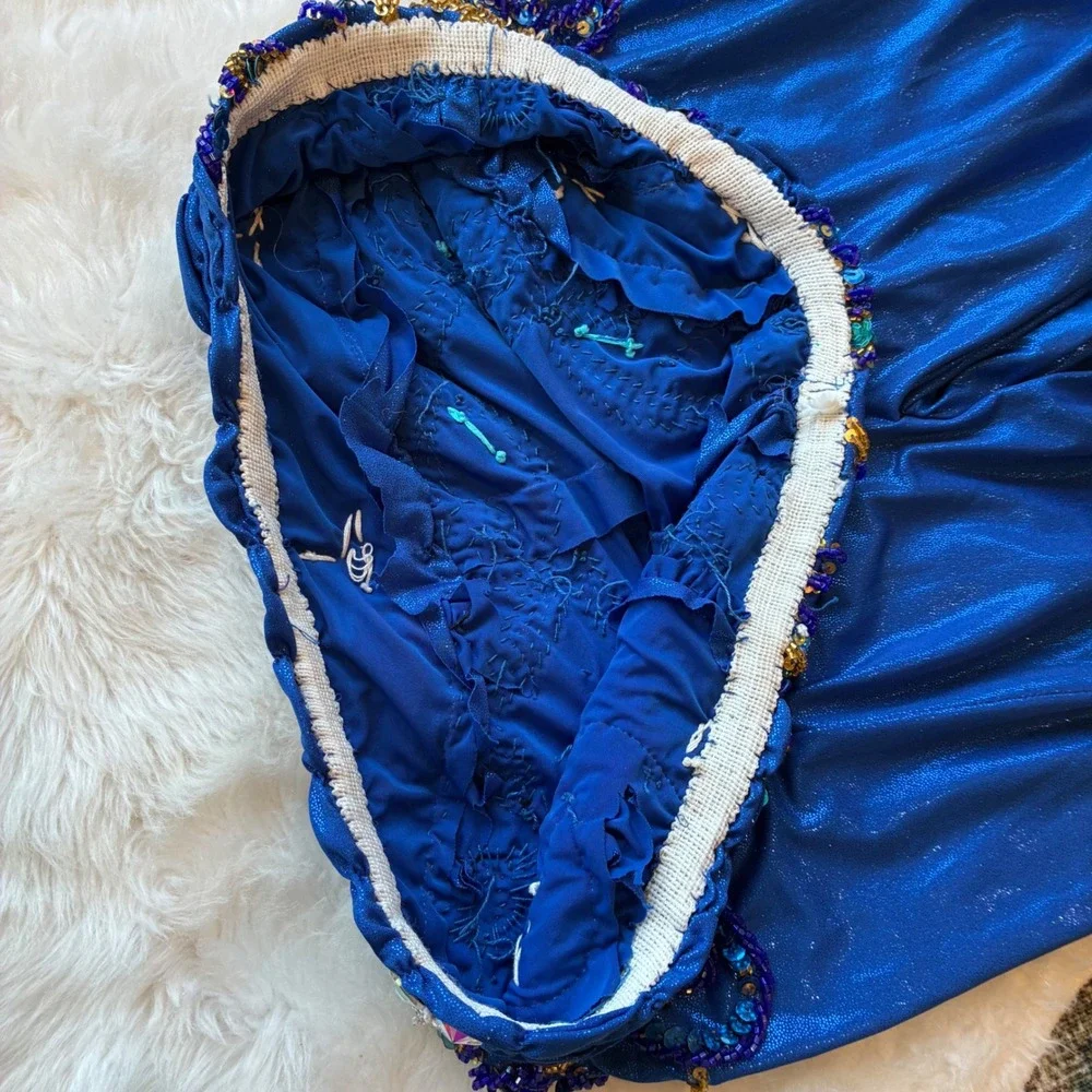 Hand Beaded Bedlah Blue Belly Dancing Costume Set Bra Top and Harem Pants